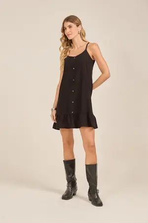 VESTIDO CURTO EM VISCOSE LISA COM BABADO E BOTÕES  PRETO P
