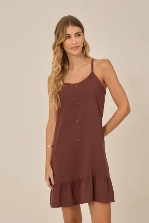 VESTIDO CURTO EM VISCOSE LISA COM BABADO E BOTÕES  MARROM CAFÉ P