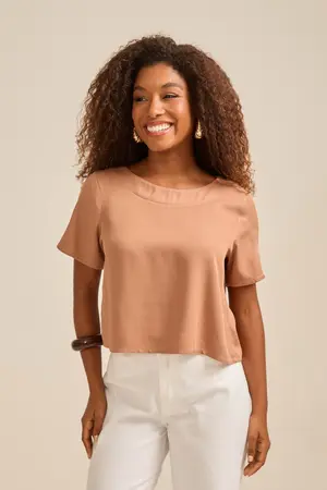 BLUSA EM TWILL COM RECORTE BEGE TOFFEE M