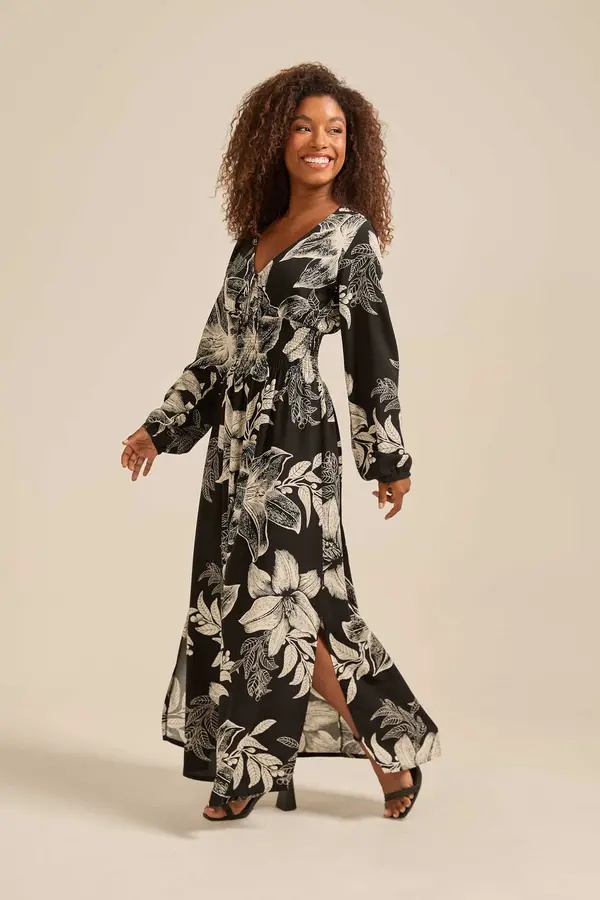 VESTIDO LONGO MANGA LONGA COM LASTEX E FENDA LATERAL