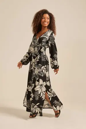 VESTIDO LONGO MANGA LONGA COM LASTEX E FENDA LATERAL JARDIM DO AMANHECER ESCURO P