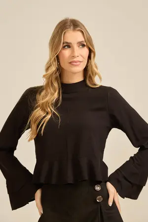 BLUSA MANGA COMPRIDA BABADO DUPLO PRETO G