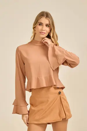 BLUSA MANGA COMPRIDA BABADO DUPLO BEGE TOFFEE M