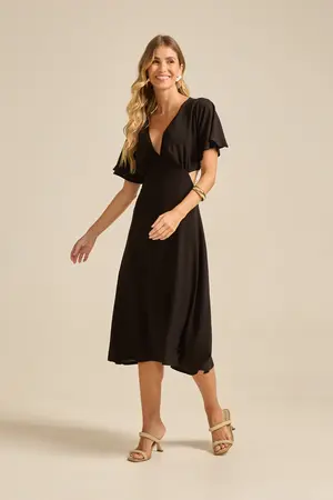 VESTIDO MIDI COM RECORTE LATERAL  PRETO G