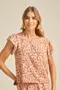 BLUSA BÁSICA VISCOSE ESTAMPADA COM BORDADO NA MANGA