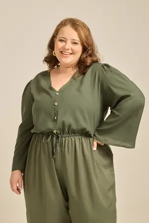 BLUSA CROPPED VISCOSE LISA COM MANGA EVASÊ E BOTÕES VERDE G1