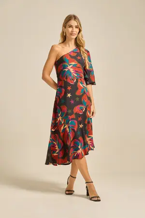 VESTIDO MIDI ASSIMÉTRICO UM OMBRO BRILHO DO LUAR M