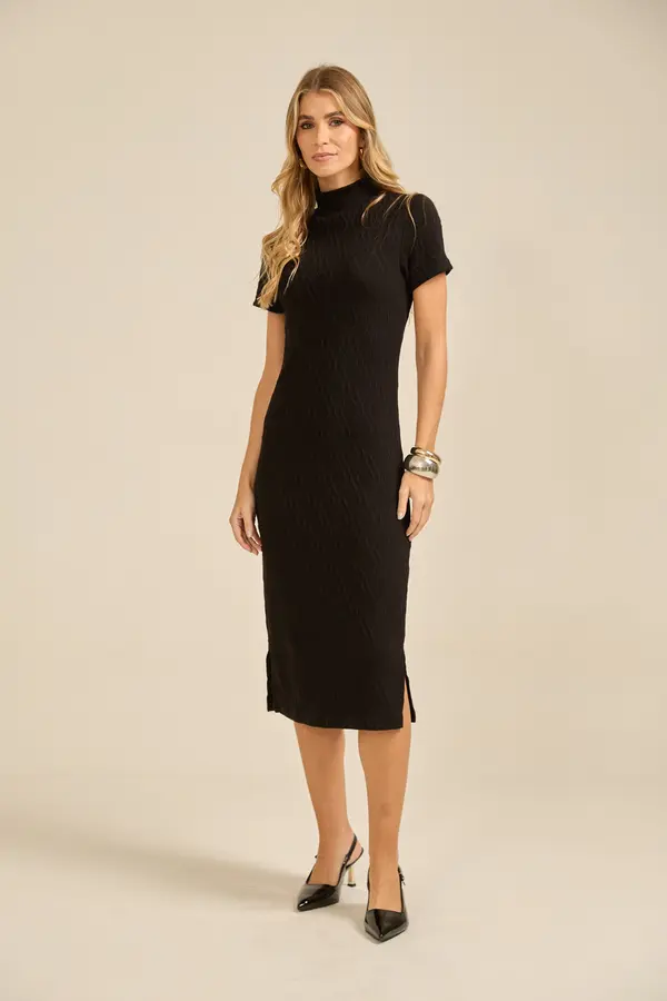 VESTIDO MIDI COM GOLA CANELADO LOSANGO