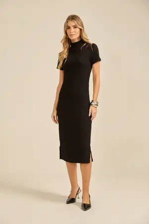 VESTIDO MIDI COM GOLA CANELDO LOSANGO PRETO P
