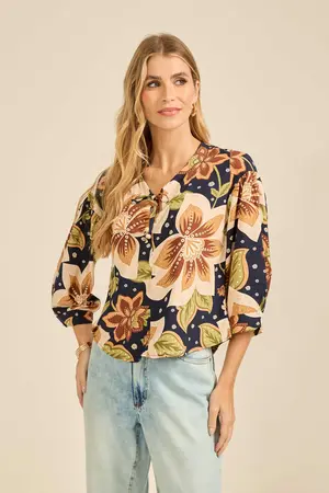 BATA COM MANGAS FRANZIDAS DOCE FLORAL MARINHO M
