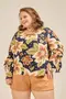 BLUSA COM BABADO NA MANGA ESTAMPA DOCE FLORAL MARINHO