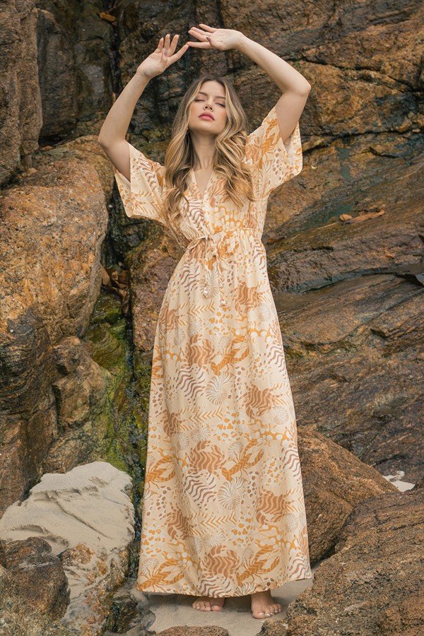 VESTIDO VISCOSE ESTAMPADA EL STICO NA CINTURA E CORDINHA COM PONTEIRA
